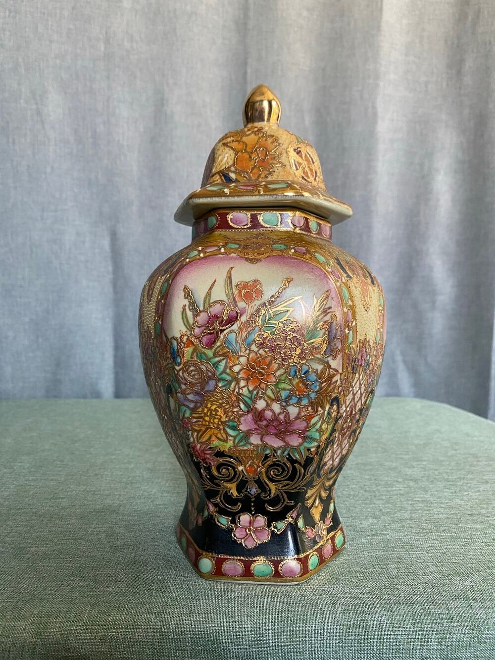 Vintage Satsuma Style Hexagonal Temple Jar Lidded Urn Floral Moriage Gold Gilt